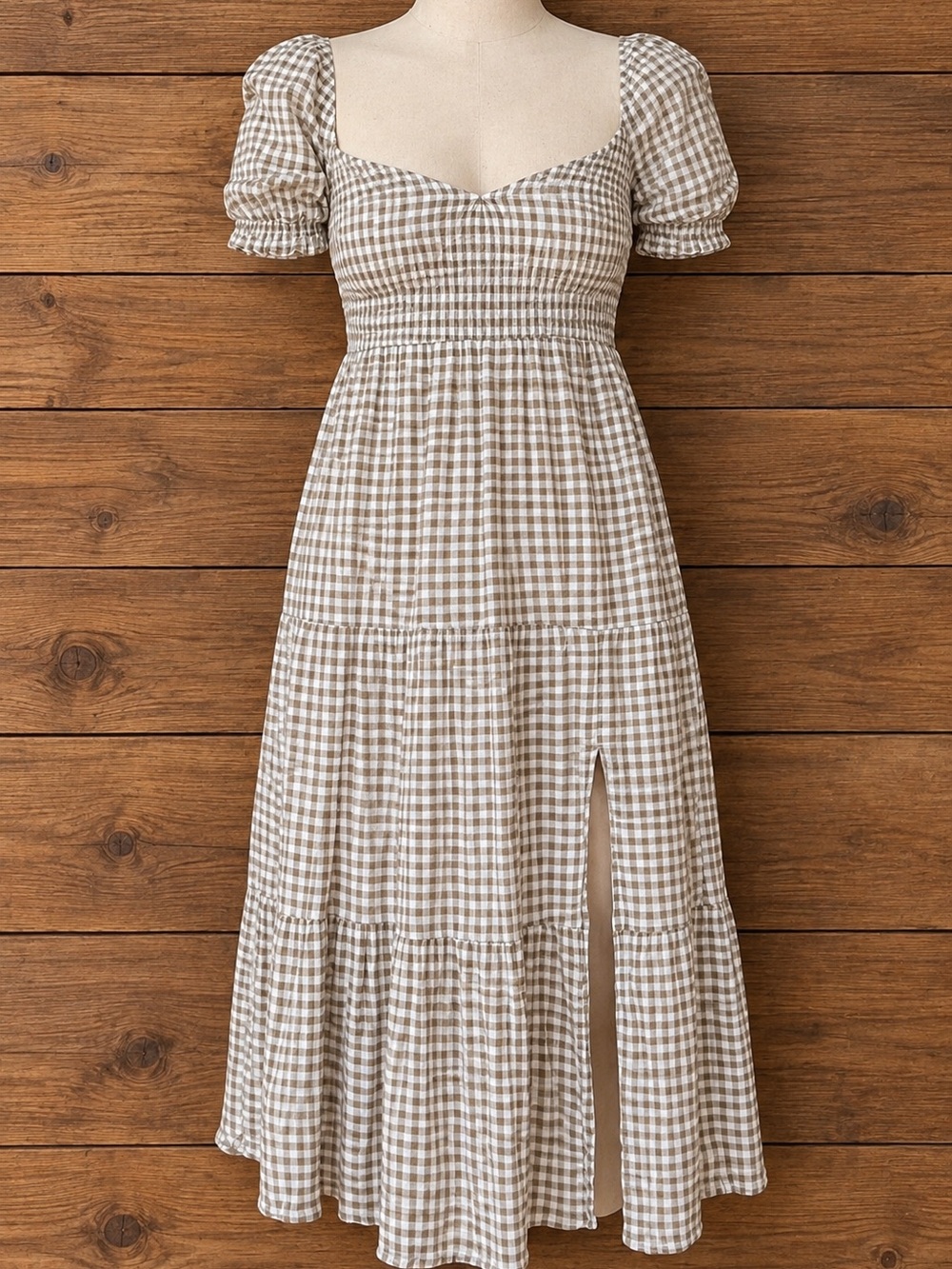 Abercrombie & Fitch Taupe Gingham Smocked Midi Dress